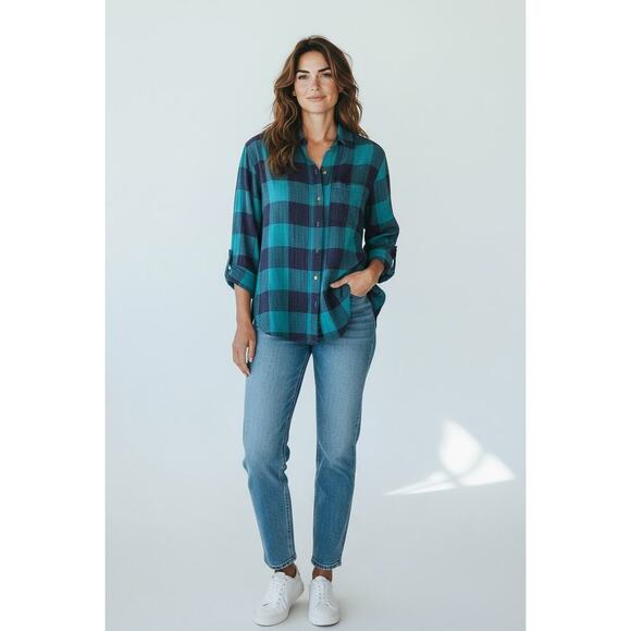 beachlunchlounge Tops - Beachlunchlounge Teal Navy Buffalo Plaid Button Down Shirt XS Lightweight Flanne